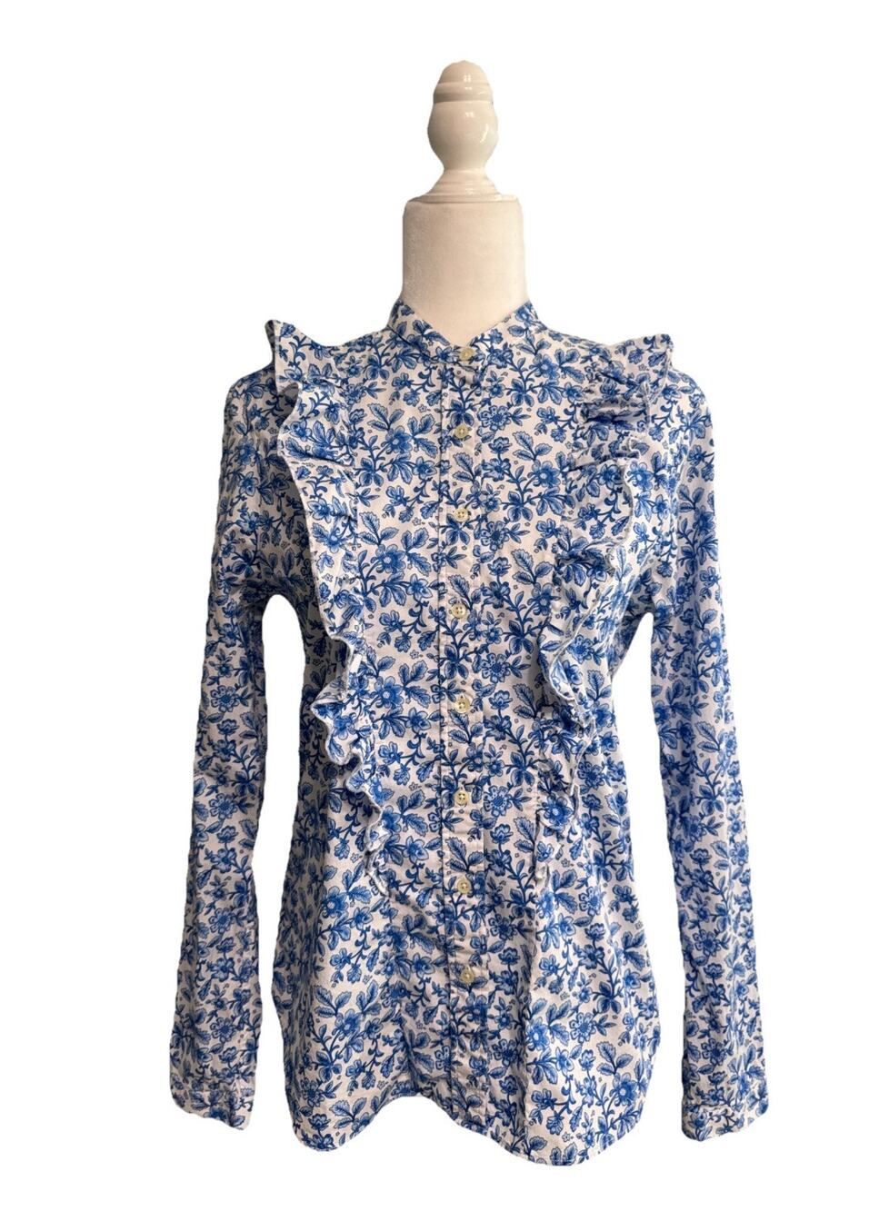 The Shirt by Rochelle Nehrens Button Front Ruffle Shirt S Blue Floral Cotton